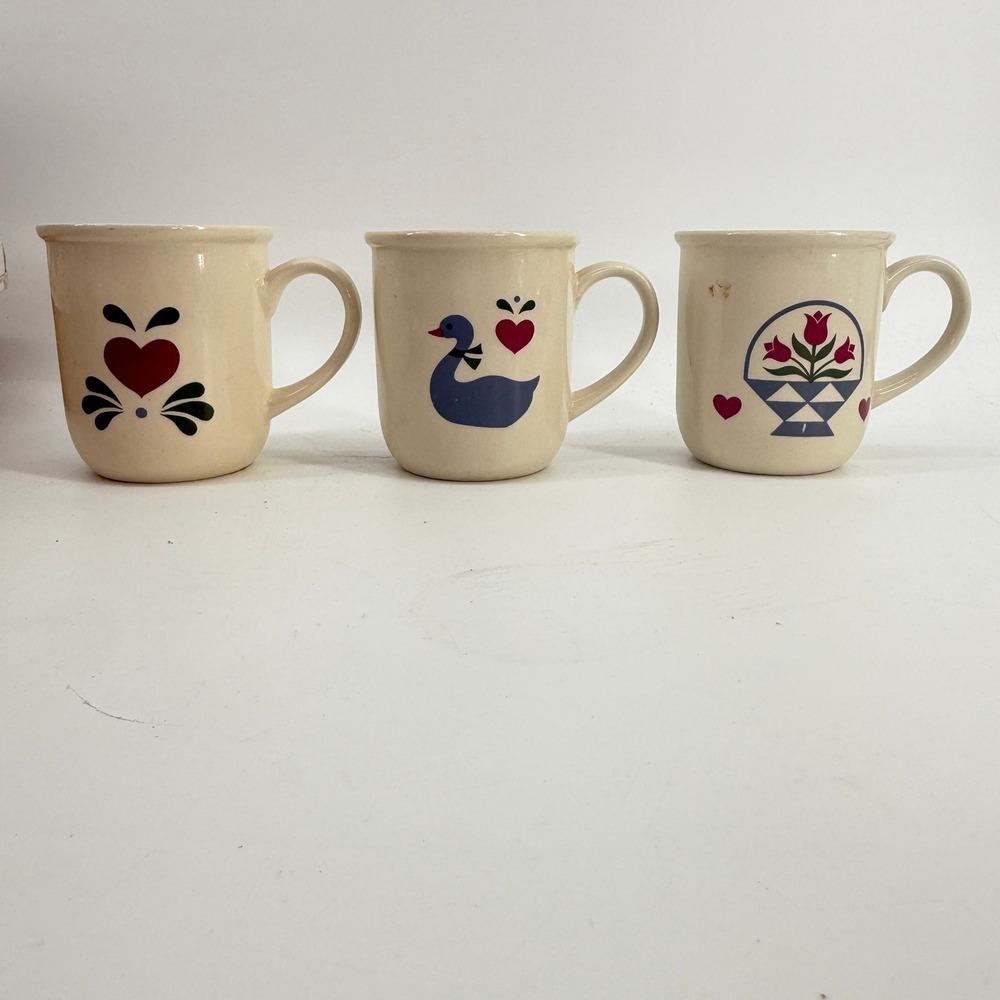 Unbranded Folk Art Mugs Set of 3 OS Cream Heart Goose Flower Basket Vintage